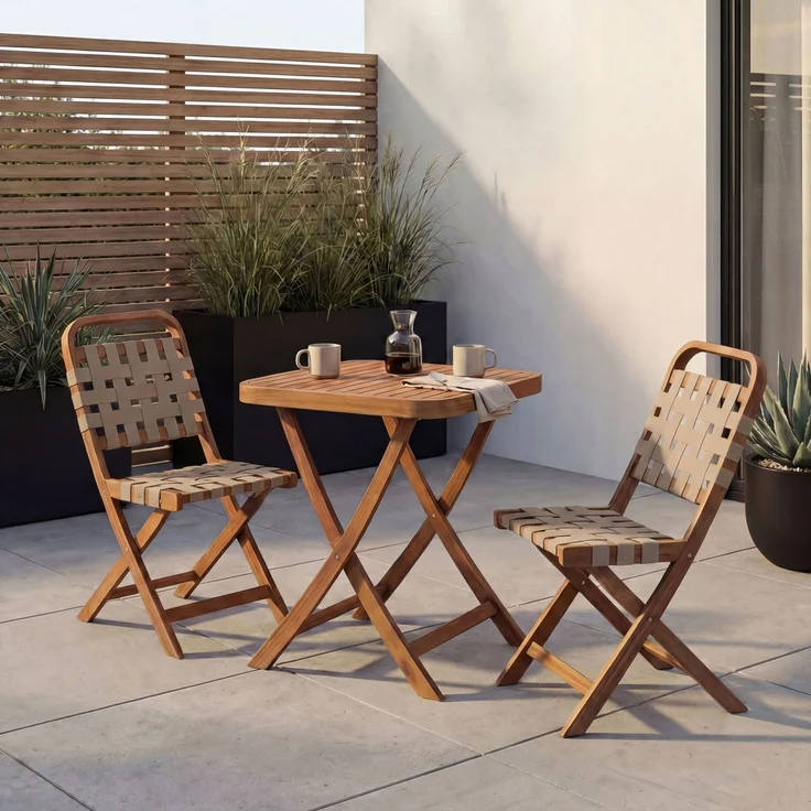 Garten-Set HWC-P70, Sitzgruppe Balkon-Set Garnitur 2x Stuhl Tisch, Seilgeflecht Akazie Holz klappbar ~ natur, creme – Bild 1