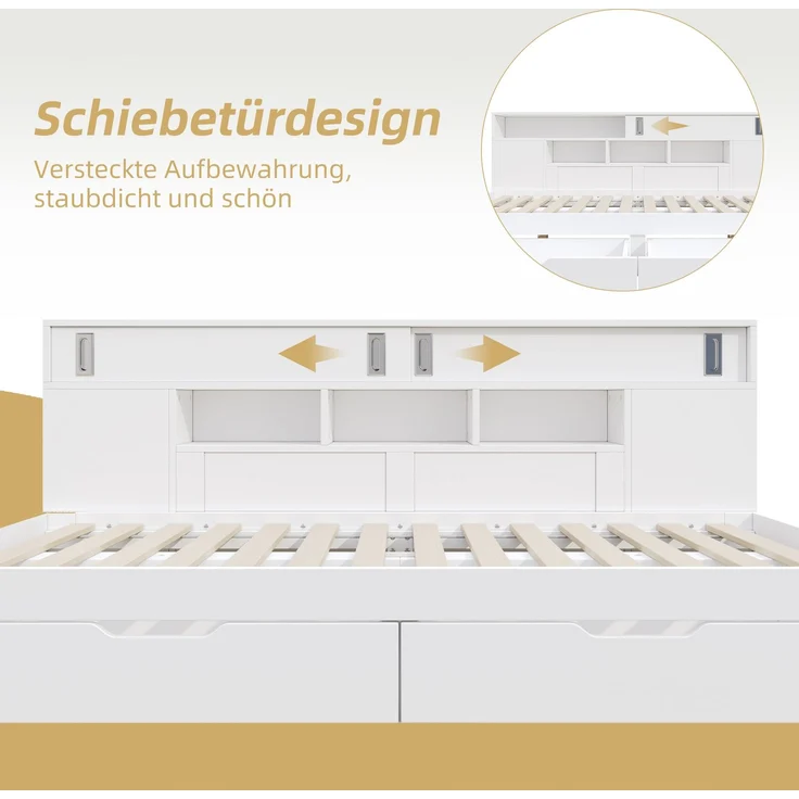 Multifunktionales Daybed mit Schubladen, Schrank, Regalen und Stauraum, 204,5 x 119,5 x 85 cm, Weiß, ohne Matratze – Bild 5