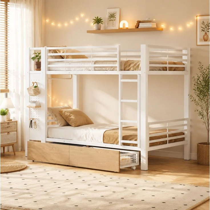 CHICFURN Etagenbett aus Metall und MDF Weiß 90x200 cm mit LED-Beleuchtung und Stauraum – Bild 1