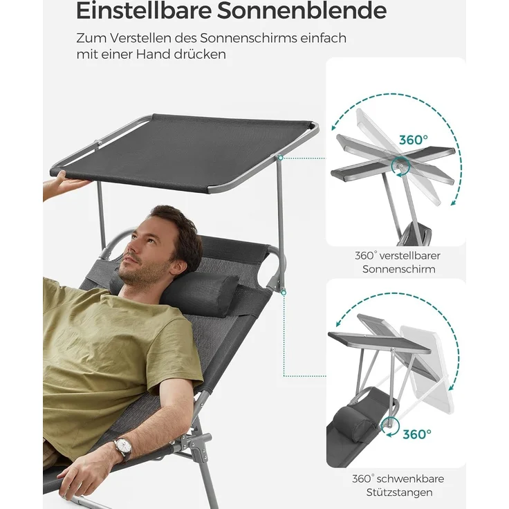 Songmics Sonnenliege mit Sonnenschutz, Kopfstütze & verstellbarer Rückenlehne, Stahl/Kunstfasergewebe, anthrazit, 200 x 71 x 38 cm – Bild 3