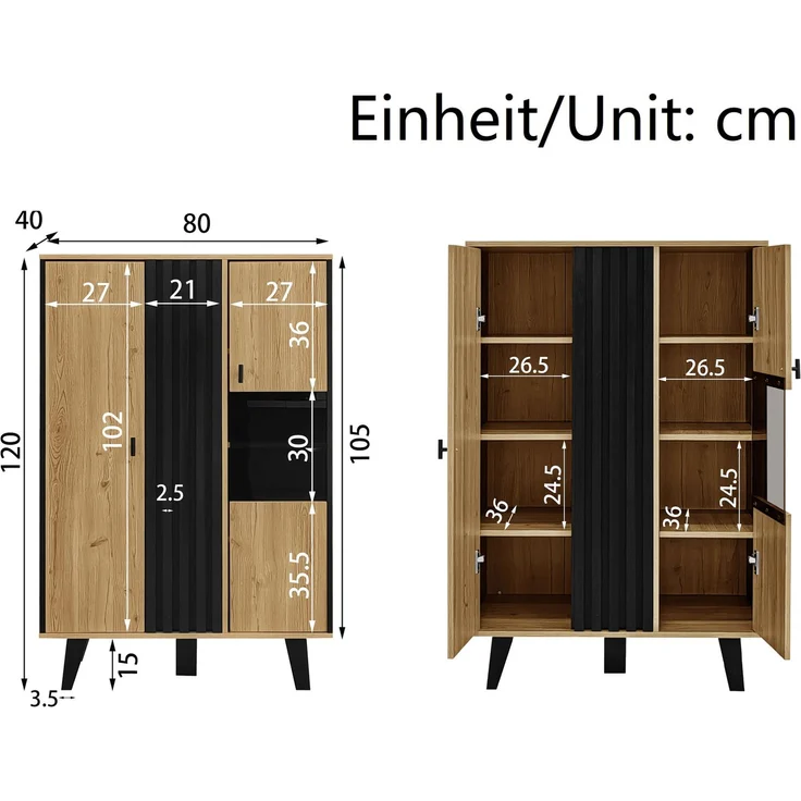 DESVIAE Vitrine mit Glastüren und LED-Beleuchtung, 80x120x40 cm, Spanplatte, Schwarz und Holzoptik – Bild 10