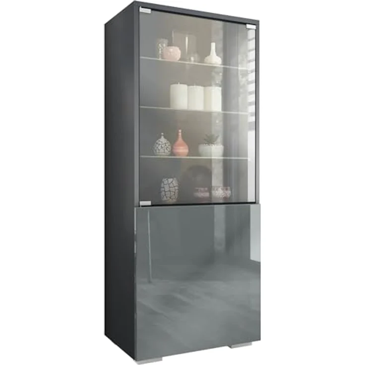 Vladon Standvitrine Granada (Vitrinenschrank, mit Glastür und Glaseinsatz) Anthrazit matt/Grau Hochglanz (50 x 122,5 x 34,5 cm) – Bild 2