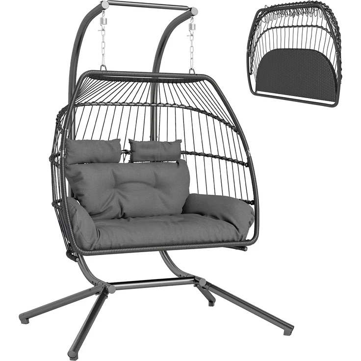 Hängestuhl, faltbarer Korbstuhl mit Kissen, Stahlrahmen, für drinnen und draußen, bis zu 260 kg belastbar, Dunkelgrau--Dunkelgrau--185x100x170cm--YOUDENOVA – Bild 1
