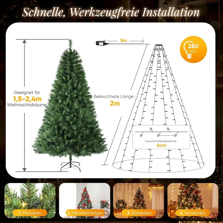 SALCAR Christbaumbeleuchtung, mit Ring und 8 Girlanden, 280er LED Überwurf für 150cm bis 240cm Tannenbaum, für Außen&Innen, Warmweiß & Bunt, 2m – Bild 2
