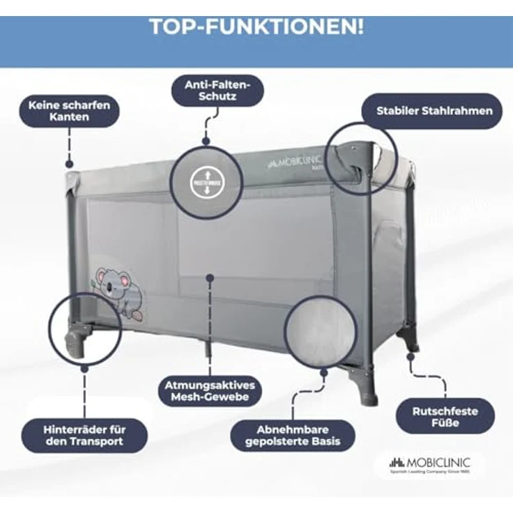Mobiclinic®, Reisebett, Tragetasche, 2 in 1, Ultrakompakt faltbar, Herausnehmbare matratze, Mofli, Bis zu 15kg, Atmungsaktives gewebe, Seiteneingang mit reißverschluss, Baby laufstall (grau) – Bild 5
