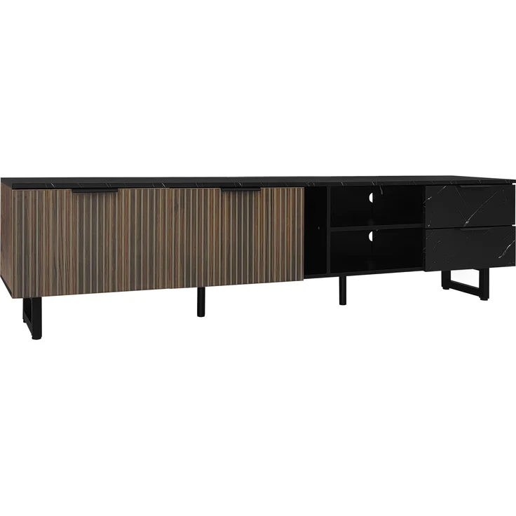 TV-Lowboard, MDF in Marmoroptik mit LED-Beleuchtung & Stauraum, 200x38x50 cm, Schwarz/Holzfarbe – Bild 3