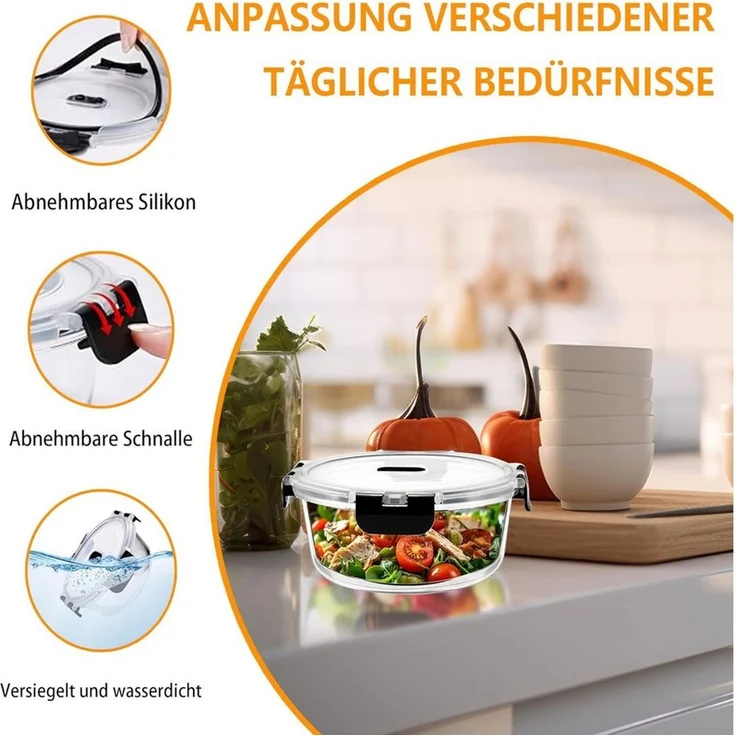 KingLux Frischhaltedose 8Stk. 400ml Stapelbar Glasschüssel mit Deckel,Rund Vorratsdosen Glas, Borosilikatglas, (8-tlg) – Bild 3