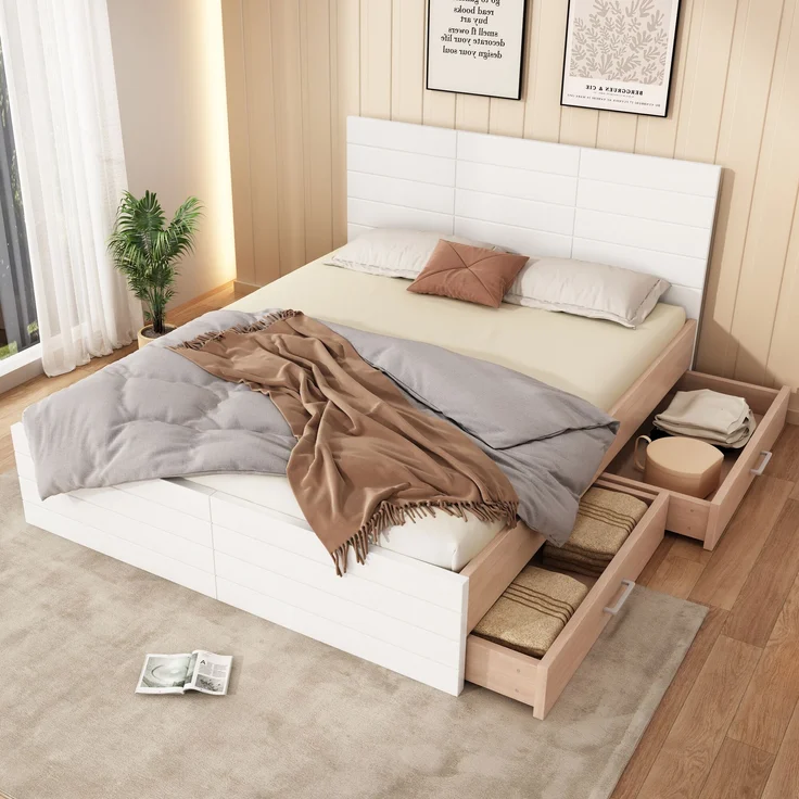 Holzbett aus Massivholz & MDF mit 2 Schubladen & Lattenrost, 160x200 cm, 207x165x80 cm, Weiß/Eiche, ohne Matratze – Bild 2
