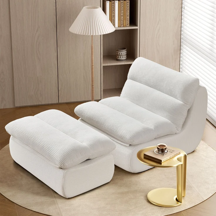Beanbag Sofa aus Cord mit Fußhocker, 101x81x75 cm, Weiß – Bild 4