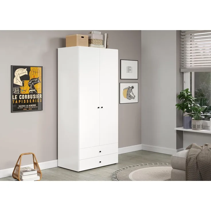 trendteam smart living - Basics - Kleiderschrank - Weiß - Garderobenschrank mit 2 Türen, 1 Hutablage, 1 Kleiderstange und 2 Schubladen - (BxHxT) 81 x 176 x 51 cm - Moderner Stil
