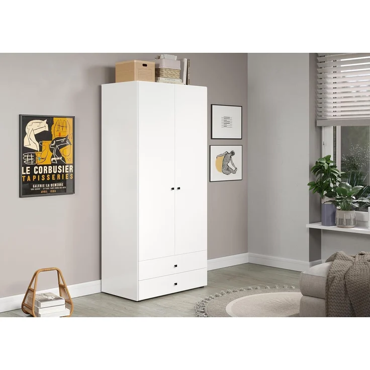 trendteam smart living - Basics - Kleiderschrank - Weiß - Garderobenschrank mit 2 Türen, 1 Hutablage, 1 Kleiderstange und 2 Schubladen - (BxHxT) 81 x 176 x 51 cm - Moderner Stil
