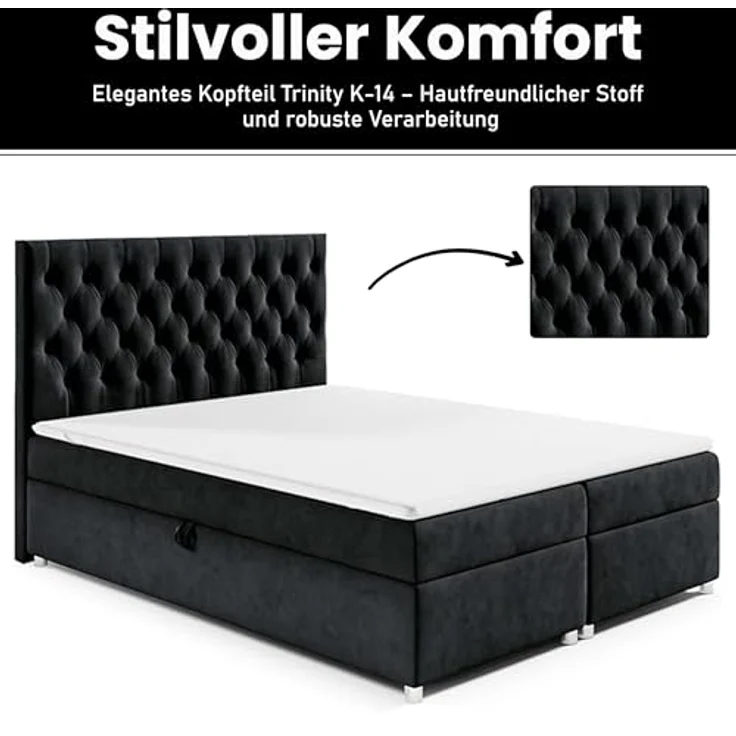 Best For Home Boxbett Trinity K-14, Schwarz, Textil, Größe 200x200 cm, Boxspringbett mit Bettkasten, Höhe ca. 18 cm – Bild 4