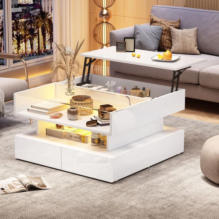 Couchtisch mit hydraulischer Hubfunktion und LED-Beleuchtung, Hochglanz Oberfläche, 2 Schubladen & gehärtetem Glas,Weiß – Bild 3