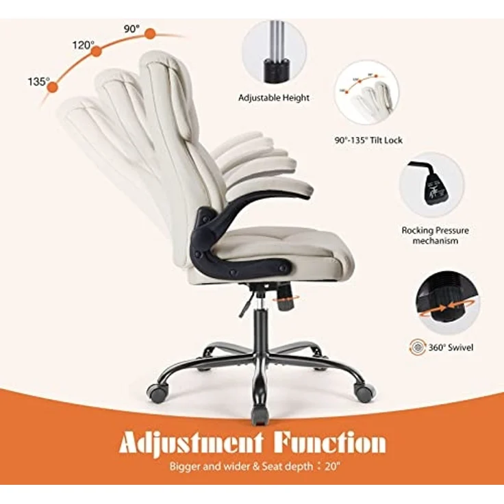 Sweetcrispy Bürostuhl, Ergonomisches Pu-Leder Chefsessel, mit Hochklappbaren Armlehnen, Bürostuhl Leder mit Drehbaren Rädern, Geeignet für Büros, Zuhause und Andere Umgebungen (Weiß) – Bild 5