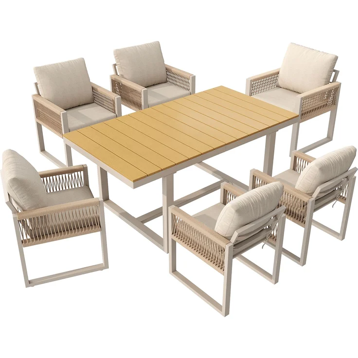 Merax 7-tlg. Garten-Essgruppe, Outdoor-Esstisch-Set, mit 1 Tisch + 6 Stühle, mit Seilgeflecht & Kissen Wetterfest, Beige – Bild 9