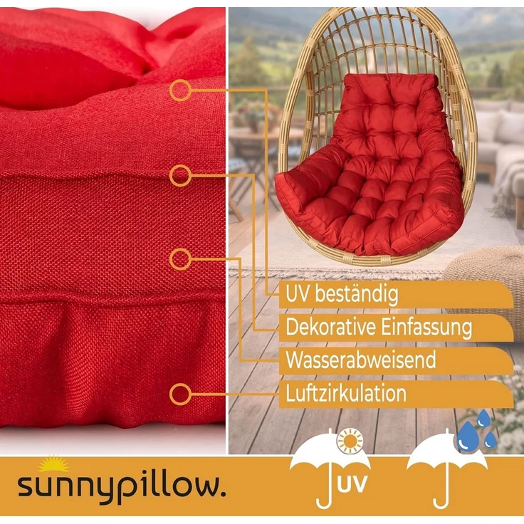 sunnypillow Polsterauflage Hängesessel Kissen - Auflage für Rattan & Polyrattan Hängeschaukel, Rot – Bild 2