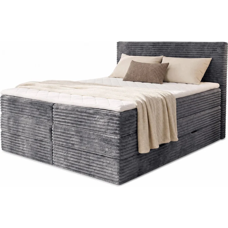Boxspringbett Mollo XL mit 2 Bettkästen und Topper, mit Taschenfederkern- und Bonellfederkernmatratze, Doppelbett, Polsterbett aus Cordstoff mit Stauraum (Graphit (Tilia 90), 160 x 200 cm) – Bild 2