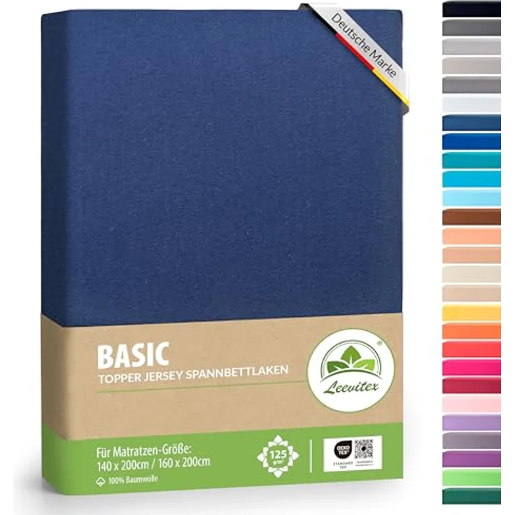 leevitex Topper Spannbettlaken, 140x200cm - 160x200cm, 18 cm Steghöhe, 100% Jersey Baumwolle, Oeko-TEX Standard 100, Navyblau/Marineblau – Bild 1