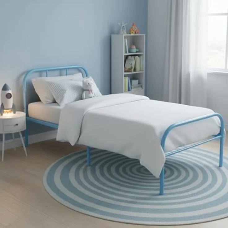 FurnitureR Bettgestell für Einzelbett, aus Metall, Farbiger Bettrahmen mit Lattenrost und Kopfteil, Bett für Schlafzimmer, Junior, geeignet für 190x90 cm, Matratze, blau