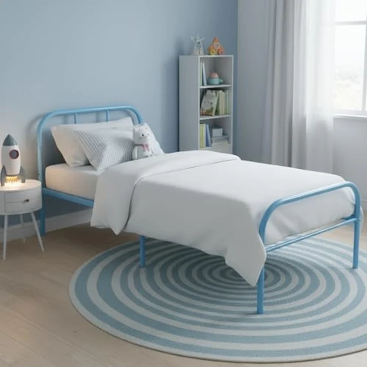 FurnitureR Bettgestell für Einzelbett, aus Metall, Farbiger Bettrahmen mit Lattenrost und Kopfteil, Bett für Schlafzimmer, Junior, geeignet für 190x90 cm, Matratze, blau – Bild 1