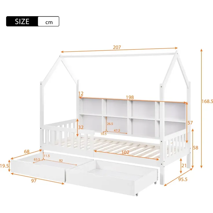 Kinderbett Hausbett mit Rausfallschutz, 2 Schubladen und Lattenrost, 90x200 cm, Einzelbett, Kiefer – Bild 5