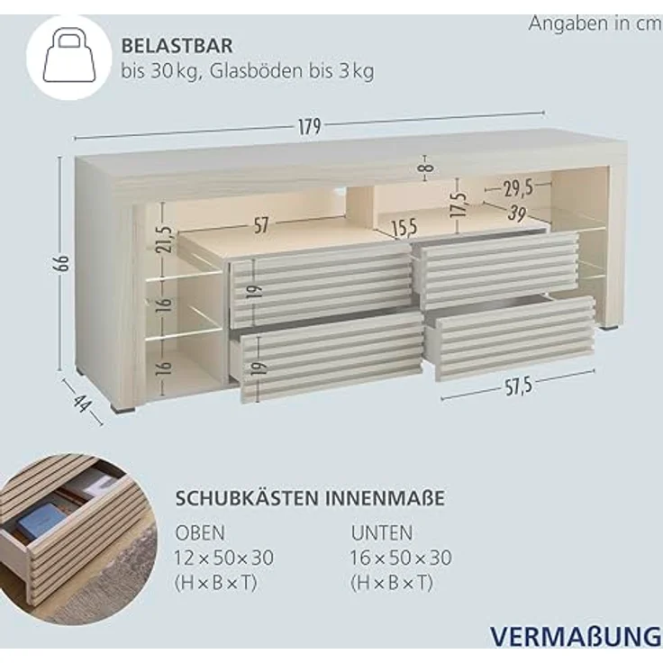 Goal 2 TV-Lowboard mit LED-Beleuchtung in Kaschmir, Riva Eiche Optik - TV Schrank mit viel Stauraum für Ihr Wohnzimmer - 179 x 67 x 44 cm (B/H/T) – Bild 8
