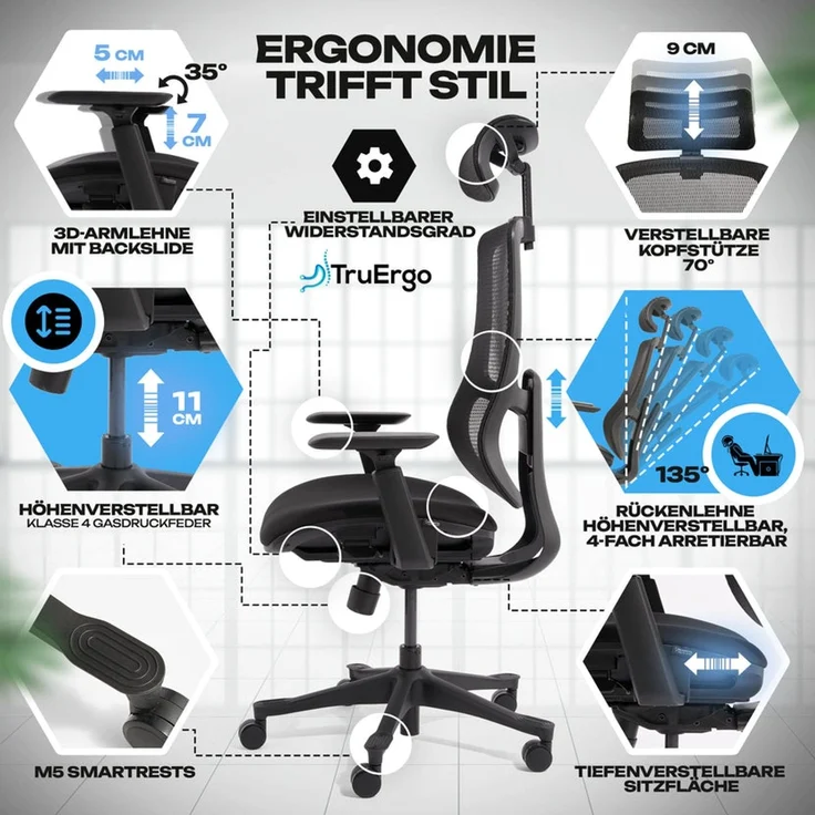 VALKENSTOL M5 POLSTER-SITZ Bürostuhl ergonomisch mit Schaumstoff Sitz - 5 Jahre Garantie - adaptive Lordosenstütze - verstellbare Sitztiefe – Bild 4