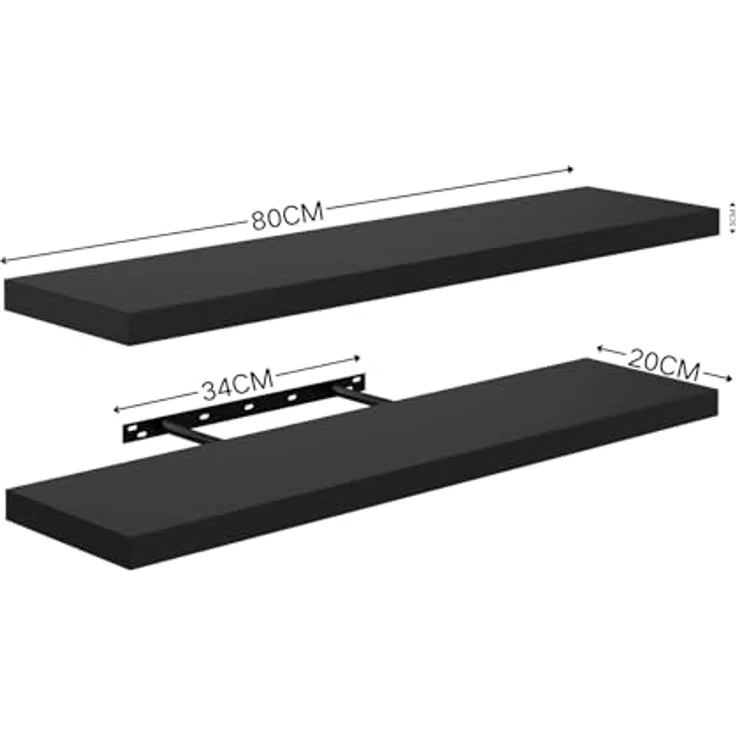 FurnitureR Wandregal 2er Set Schwarz 80x20 cm, Schweberegal mit verdeckter Halterung, Wandboard Holz 80 cm lang, modernes Wandregal für Wohnzimmer Schlafzimmer Küche Flur Büro, Floating Shelf – Bild 3