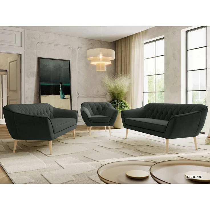 Wohnzimmerset, Möbelset PIRS 3-3-1, Armlehnen, Wellenfederung, Buche Füße, Dreisitzer Sofas mit Sessel, Polstermöbel Set - Dunkelgrau Stukture – Bild 1