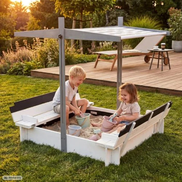 WONDERMAKE Sandkasten quadratisch 120x120 cm mit Abdeckung, Dach, Deckel, Sitzbank und Bodenbank, Holz, grau schwarz, UV-Schutz – Bild 6