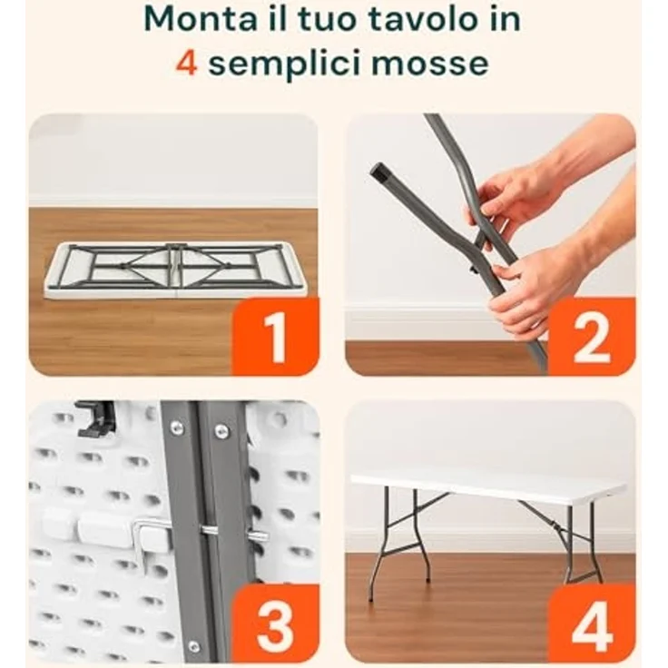 Avilia - Klappbarer Esstisch, platzsparend, für Küche und Wohnzimmer, zusammenklappbar und tragbar, mit Sicherheitsverriegelung, Oberfläche aus HDPE für 6 Personen, 180 x 70 x 74 cm, Weiß – Bild 7