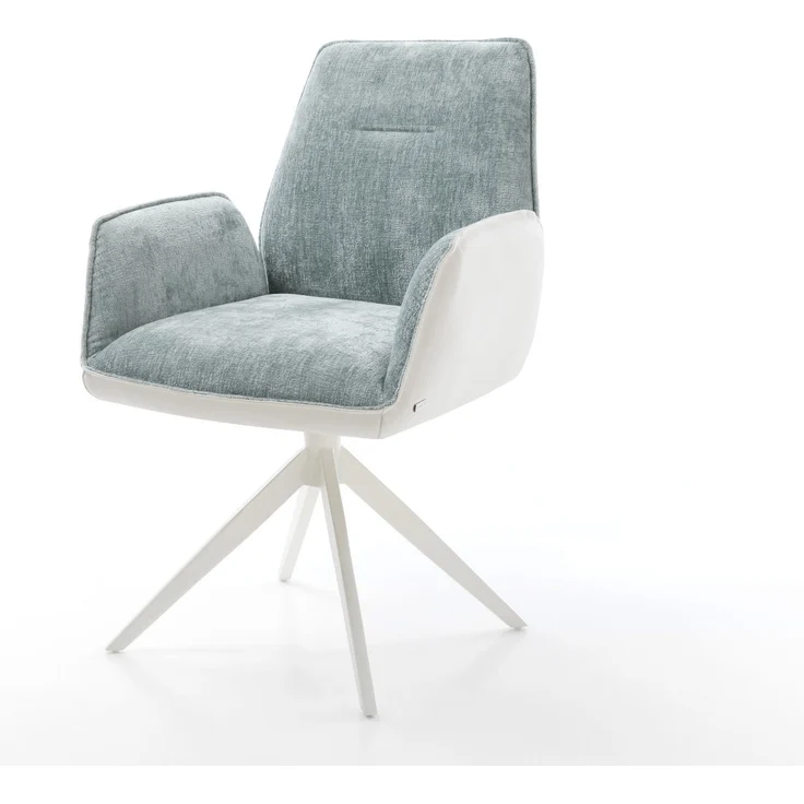 Drehstuhl Zoa-Flex Materialmix Echtleder Weiß-Pastellblau Kreuzgestell breit Weiß 360° drehbar Wippfunktion Taschenfederkern – Bild 1