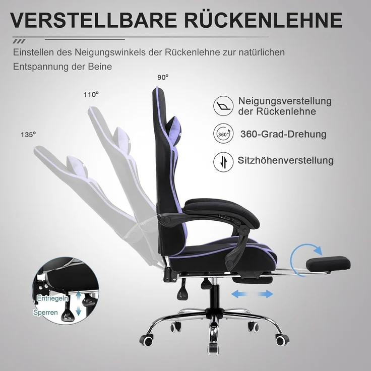 GTPLAYER Gaming Stuhl Stoff, Bürostuhl Massage Gaming Sessel Ergonomischer Gamer Stuhl mit Fußstütze, Kopfstütze Massage-Lendenkissen, Gepolstert Gaming Chair, Drehsessel, lila – Bild 4