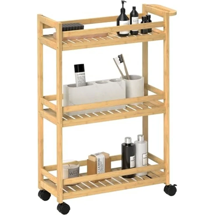 HOMCOM Servierwagen 3-stöckig, aus Bambus, mit Rolle, Griff, (Aufbewahrungswagen, 1 St, Küchenwagen), für Büro, Wohnzimmer, Küche, 55 x 20 x 75 cm, Naturholz – Bild 1