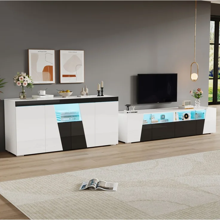 DESVIAE TV-Schrank-Set mit LED-Beleuchtung, 180x38,5x45 cm und 140x65x40 cm, MDF/Spanplatte, Schwarz-Weiß