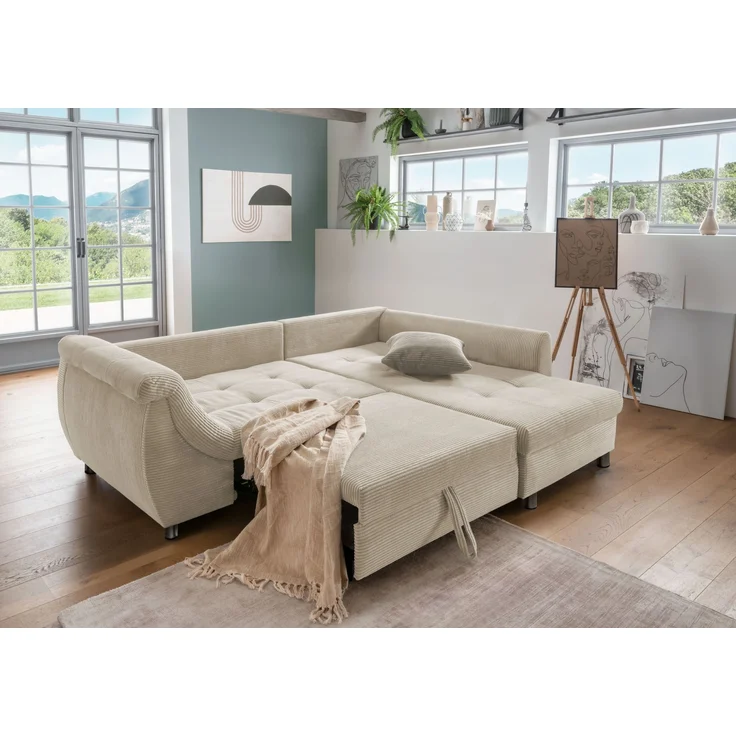 Polsterecke >Allin< Bettfunktion, beige / grau-braun, Cord - 250x66x190cm (BxHxT) – Bild 2
