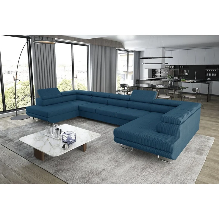 thematys Ecksofa Aston U 403 x 203 cm, mit Schlaffunktion, mit Bettkasten, mit verstellbaren Kopfstützen, Blau (Poso 05), Ausrichtung 390 cm – Bild 1