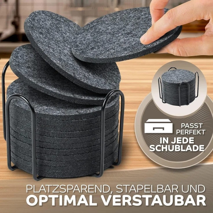 Loco Bird Getränkeuntersetzer 12er Set inkl. Halterung rund aus Filz, Zubehör für Getränke, Tassen, Bar, Glas, Design Glasuntersetzer in dunkelgrau, Tischuntersetzer Filzuntersetzer – Bild 7
