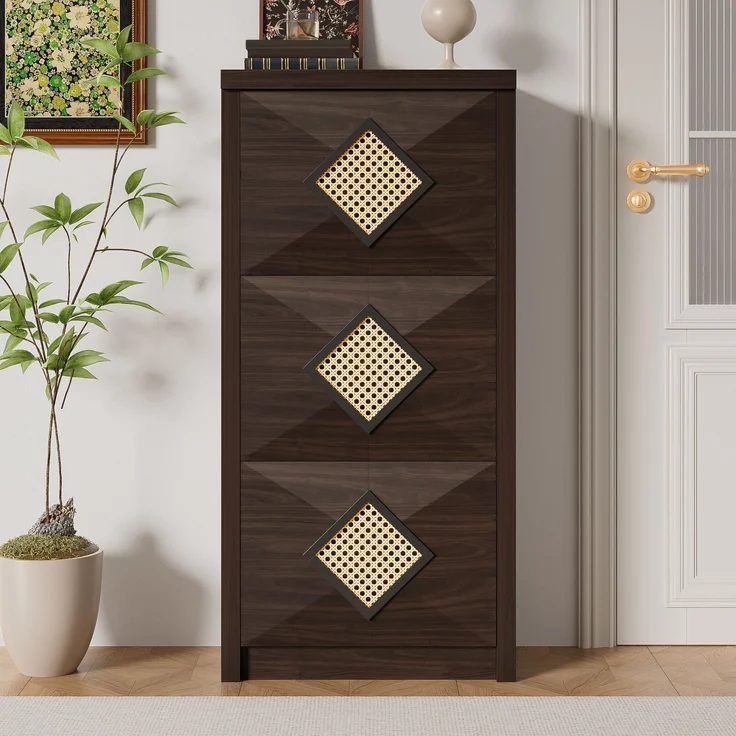 Schuhschrank, Holzoptik mit Rattan-Dekor & 3 Klappfächern, 54x25x115 cm, Walnussfarbe – Bild 1