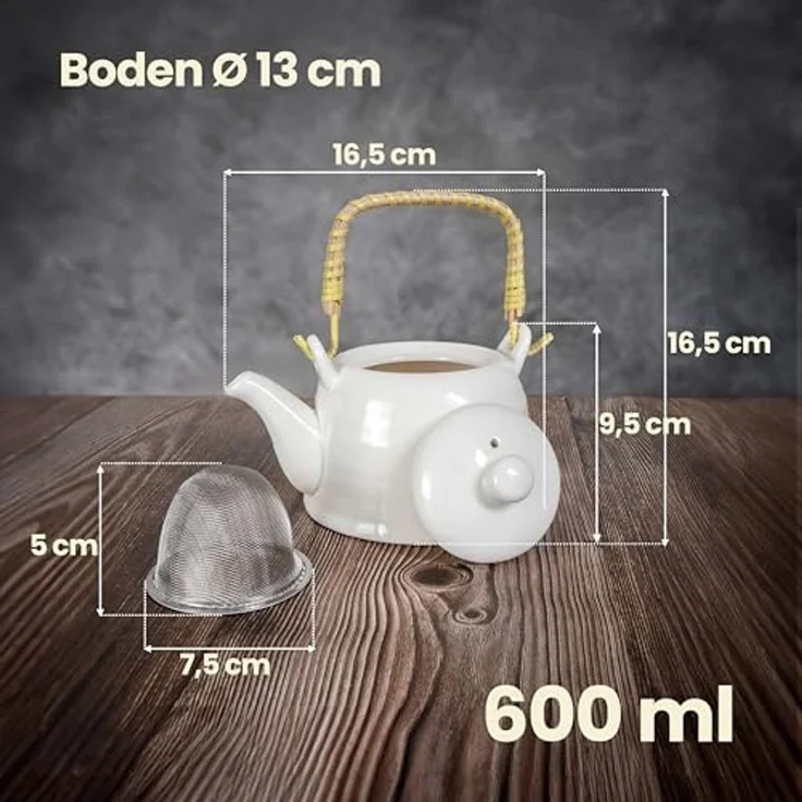 KVOTA Teekanne aus Keramik Teebereiter mit Sieb Teekessel mit Siebeinsatz Weiß 600ml, 0.6 l, hochwertige Keramik, Edelstahl-Sieb – Bild 4