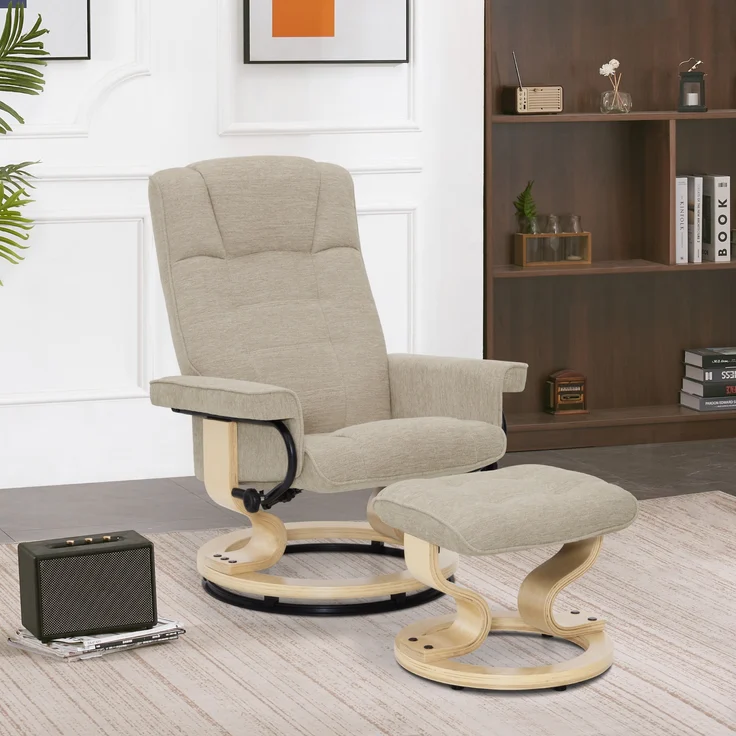 M MCombo Relaxsessel mit Hocker, 360° Drehbarer Fernsehsessel mit Liegefunktion, bis 120 Kg Belastbarer TV-Sessel, Moderner Ruhesessel für Wohnzimmer, Stoff, 9019 (Beige-Stoff) – Bild 2