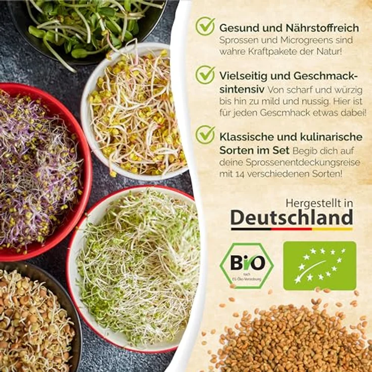 Sprossen Samen Microgreens Starter Set BIO - 14 Sorten BIO Sprossen zum selber züchten Microgreens Samen und Keimsprossen Keimsaat - Probierset für Sprossenglas & Kressesieb (inkl. Ebook) – Bild 3