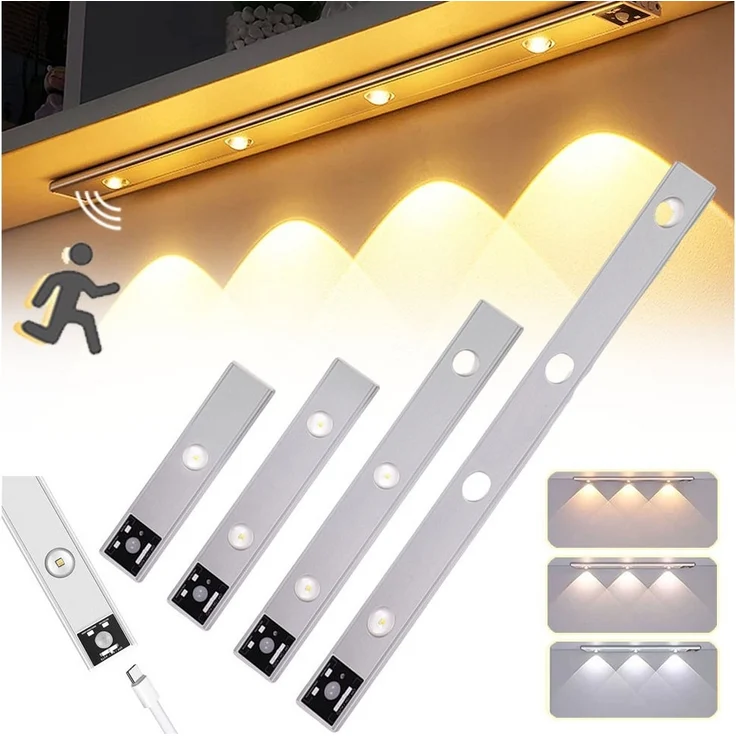 Jibenhome LED Unterbauleuchte Schrankbeleuchtung mit Bewegungsmelder, Dimmbar 3 Farb Schranklicht, USB Aufladbar Schrankleuchten,Lichtleiste mit Sensor Nachtlicht Treppe – Bild 1