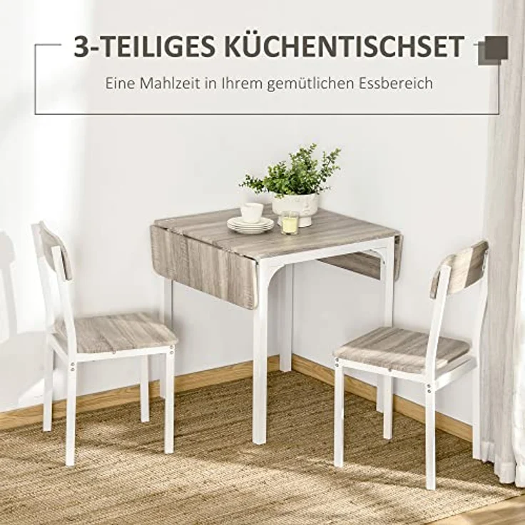 HOMCOM Essgruppe, 3-teiliges Set mit Klapptisch und 2 Stühlen, Natur/Weiß, platzsparend, 70x75x110 cm – Bild 3