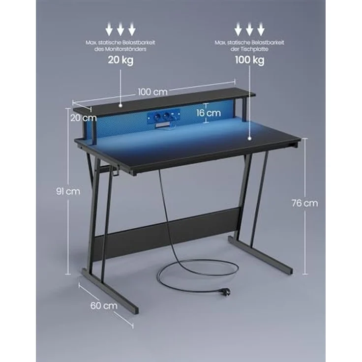 Vasagle Schreibtisch, Gaming Tisch mit eingebauter Steckdosenleiste, Computertisch, mit Monitorständer für 2 Monitore, Schlafzimmer, 60 x 100 x 76 cm, rußschwarz LWDDE191B02 – Bild 3