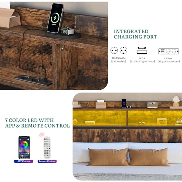 YITAHOME Bettgestell LED mit Kopfteil USB-Anschlüsse und Ladeausgänge Metallplattform-Bettgestell mit 2 Regalböden,Keine Matratze erforderlich,Braun 200X180CM – Bild 4