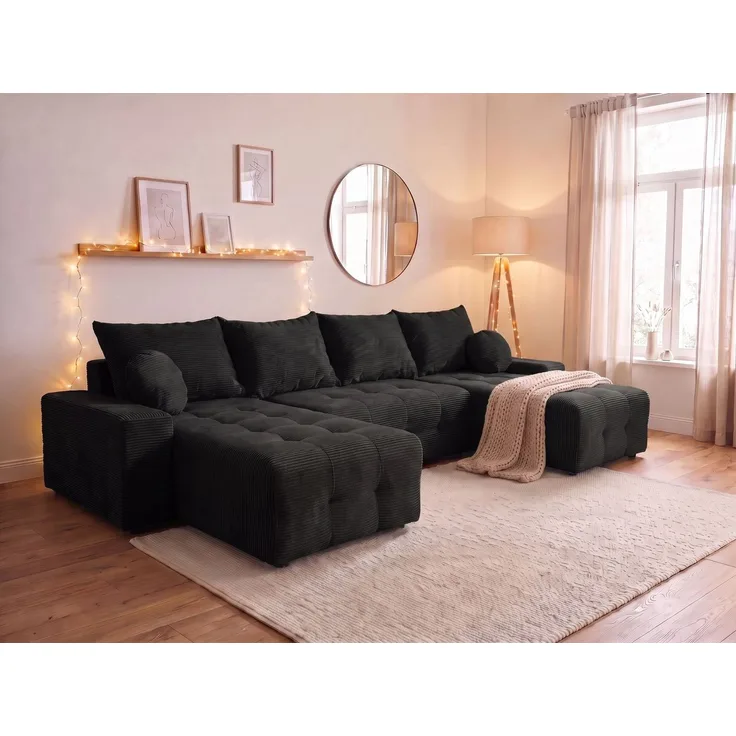 OTTO home Wohnlandschaft Jessy U-Form, B: 313 cm, in Cord & weiteren Bezügen, Schlaffunktion, Bettkasten, Tonnentaschenfederkern-Polsterung