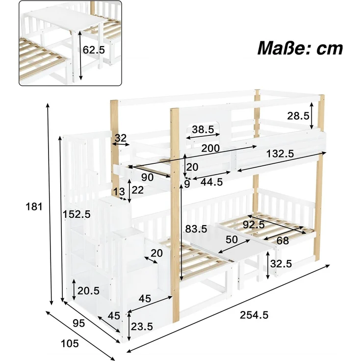 Etagenbett mit 2 Liegeflächen, Treppe, Tisch, Regalen, Rausfallschutz, 90x200cm, Liegefläche umbaubar zur Sitzgruppe, Kinderbett, Kiefer – Bild 6