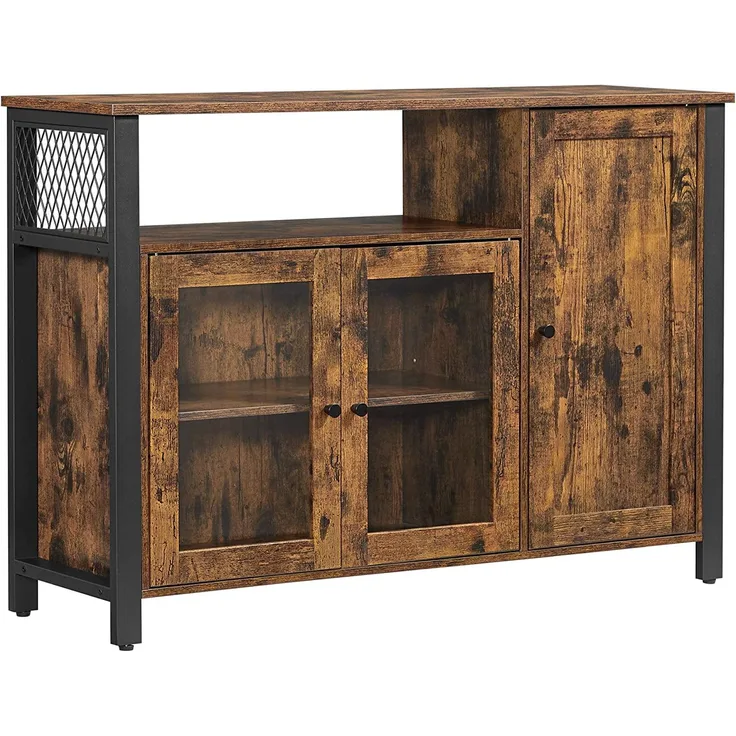 VASAGLE Sideboard, Küchenschrank, Aufbewahrungsschrank, 2 Glastüren, offenes Fach, 110 x 33 x 75 cm, Industrie-Design, vintagebraun-schwarz LSC096B01