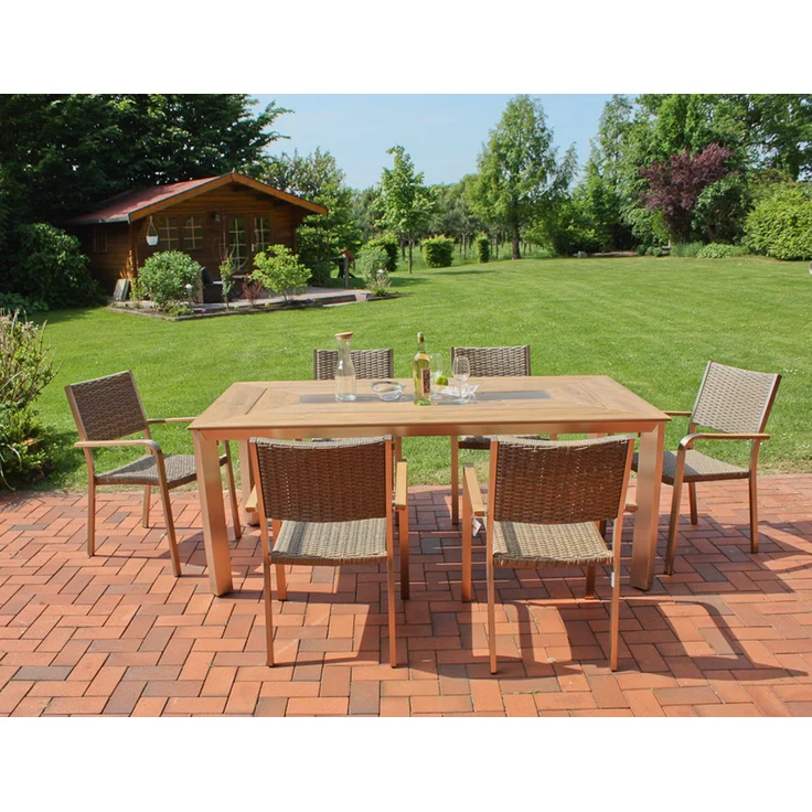 Garten-Sitzgruppe ARMIN 7tlg. - Kunststoffgeflecht, Braun | Gartenmöbel-Set Gartengarnitur Garten-Essgruppe mit geschlossenen Stapelstühlen und Esstisch – Bild 3